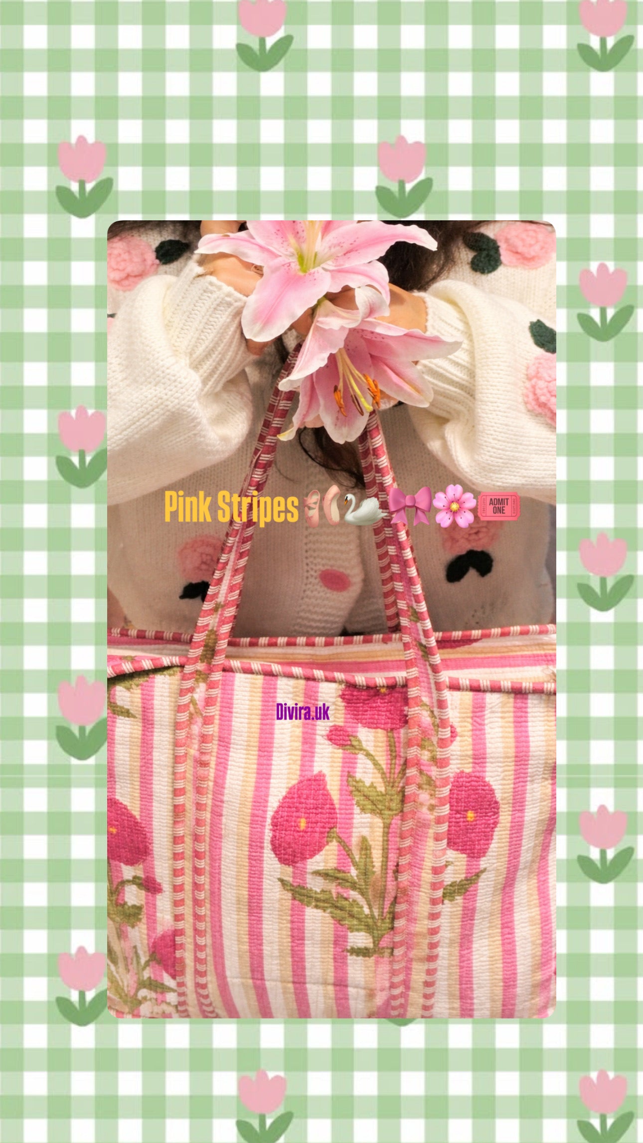 Pink Stripes Quilted Tote Bag🌸🦢🎀