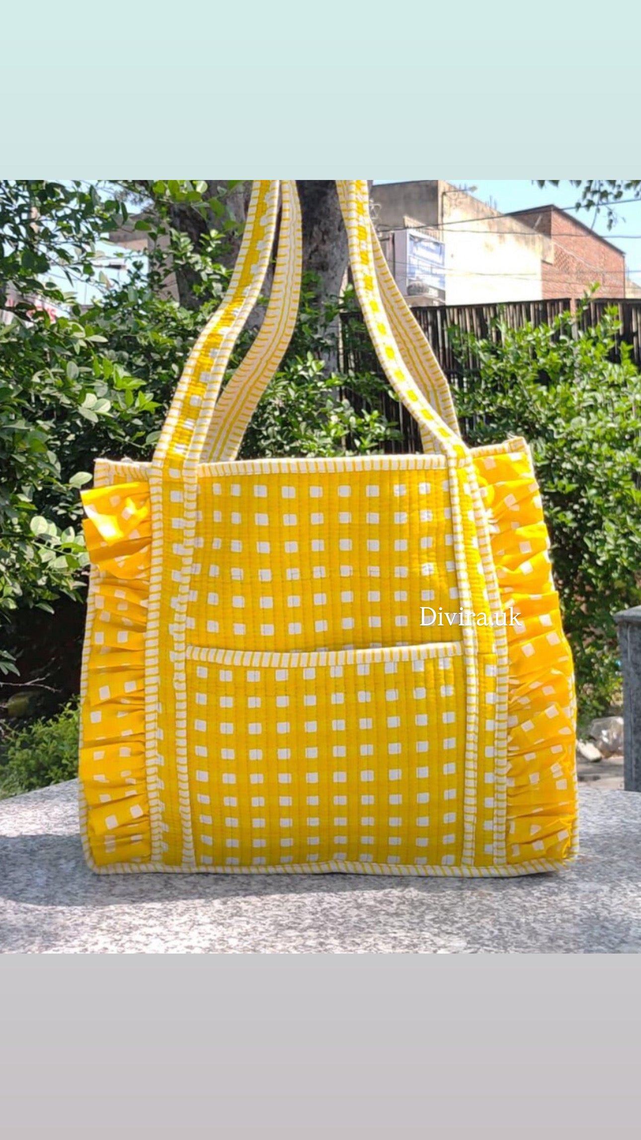 Yellow Medium Ruffle Gingham Quilted Tote