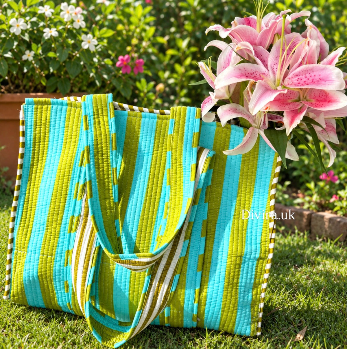 Green Blue Stripes Large Tote Bag