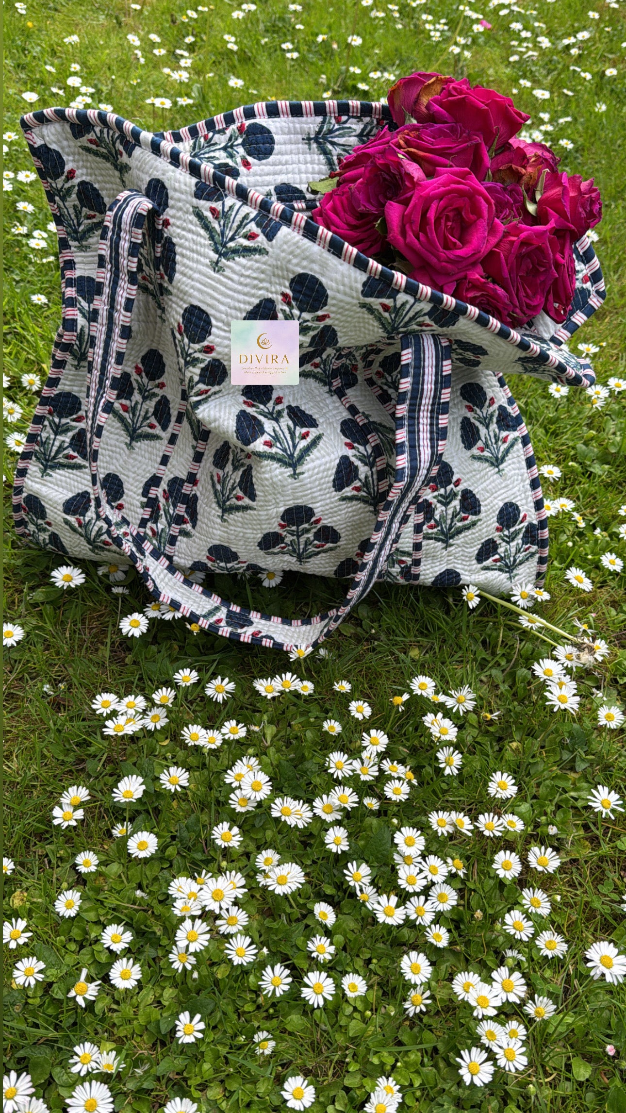 Vibrant Quilted Indian Tote Bag with Zipper and Inner Pocket - White