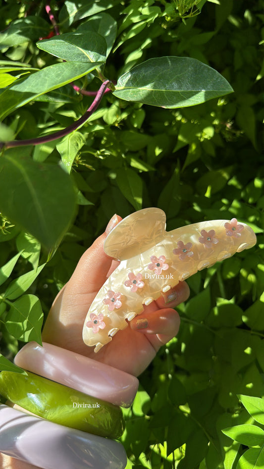 Beige Pink Flower Claw Clip