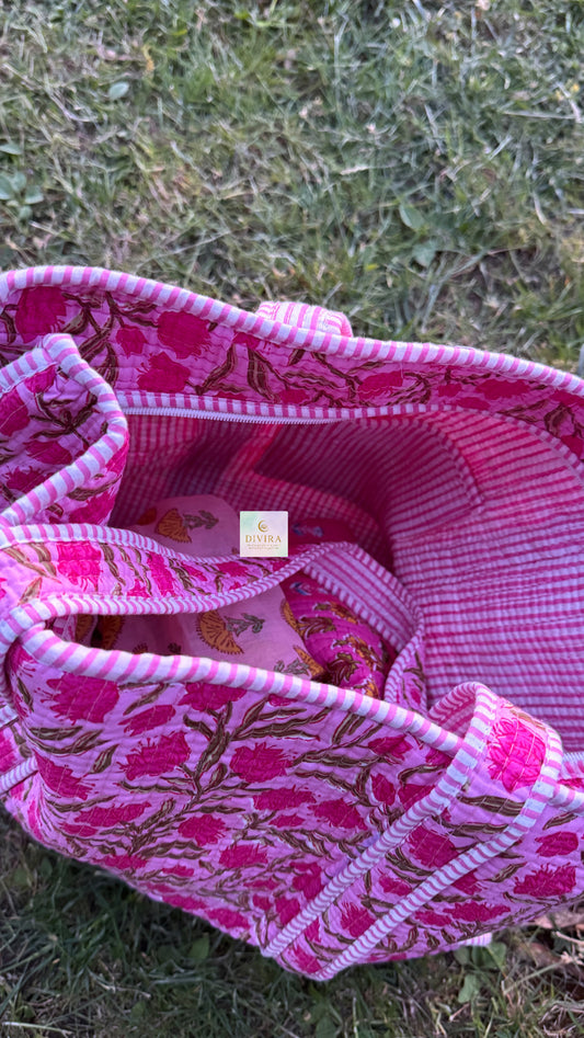 Vibrant Quilted Indian Tote Bag with Zipper and Inner Pocket - Floral Bliss