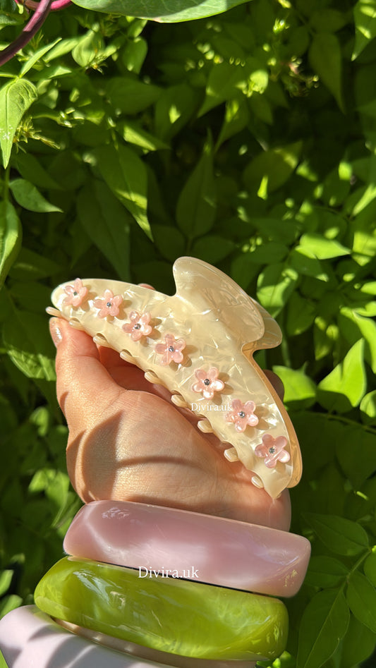 Beige Pink Flower Claw Clip