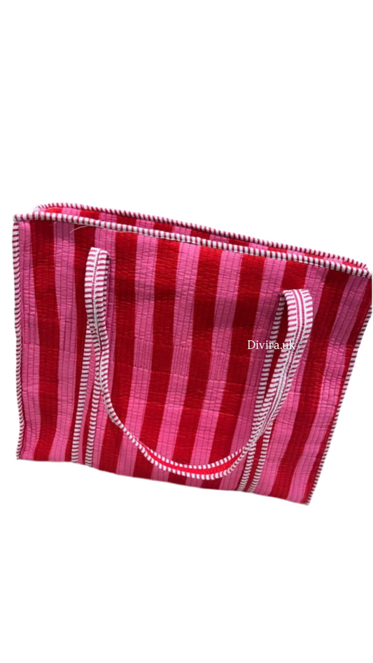 Pink stripes quilted tote bag