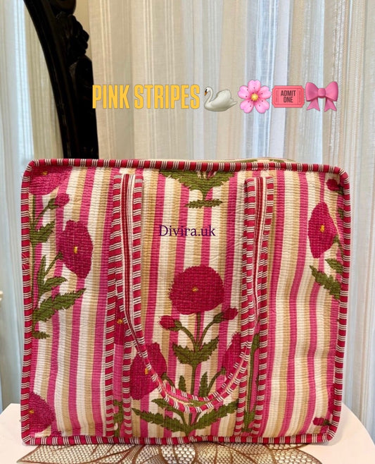 Pink Stripes Quilted Tote Bag🌸🦢🎀