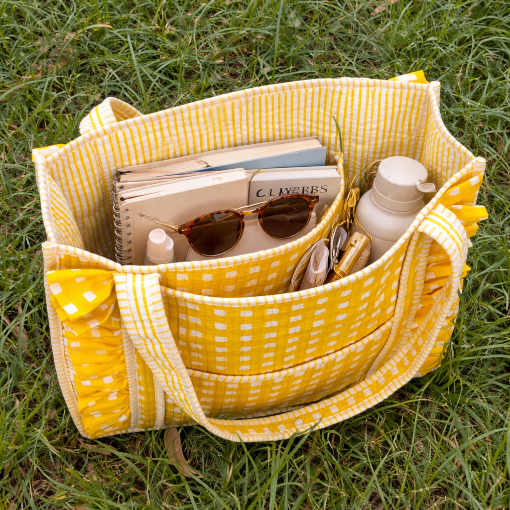 Yellow Medium Ruffle Gingham Quilted Tote