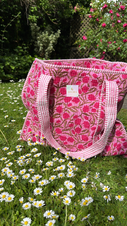 Vibrant Quilted Indian Tote Bag with Zipper and Inner Pocket - Floral Bliss