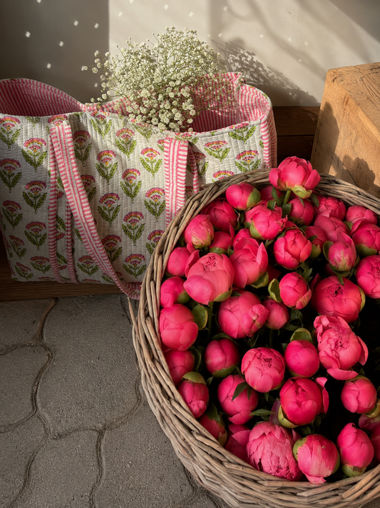 White Floral Quilted Tote Bag