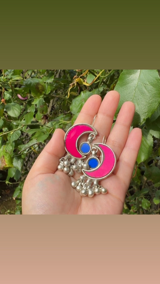 Pink Blue Half Moon Earrings