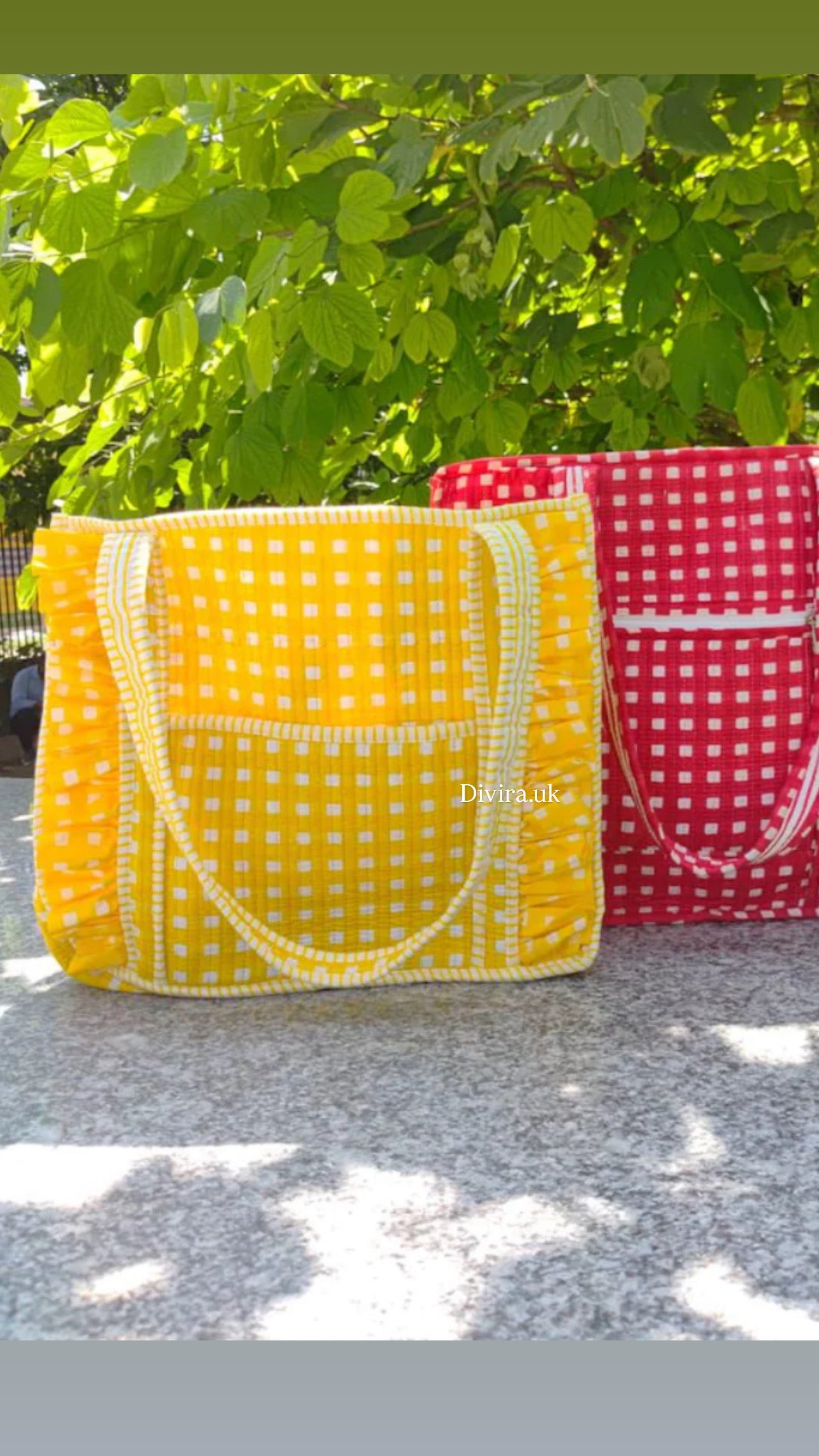 Yellow Medium Ruffle Gingham Quilted Tote