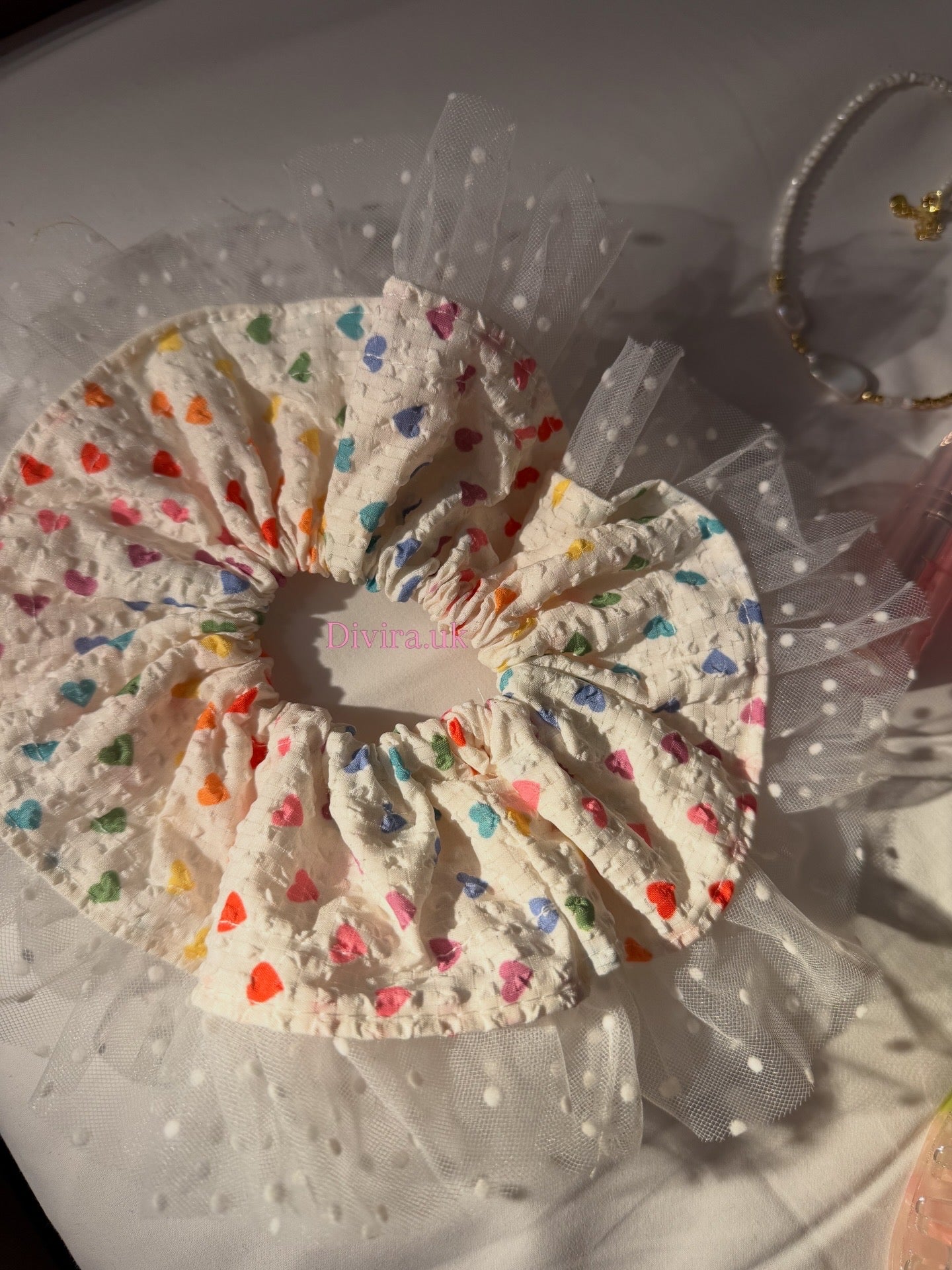 Multicoloured Heart Lace Scrunchie