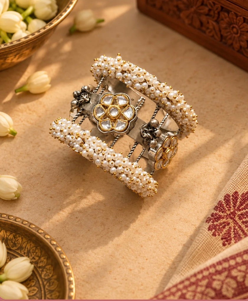 German Silver Kundan Floral Kada