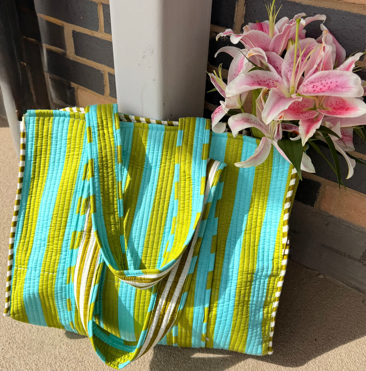 Green Blue Stripes Large Tote Bag