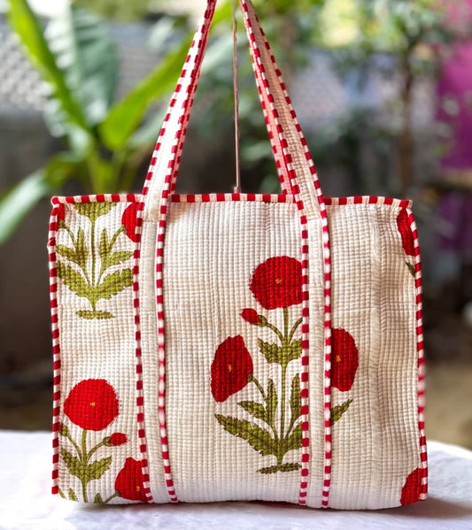 Cotton Quilted Tote Bag (RED)
