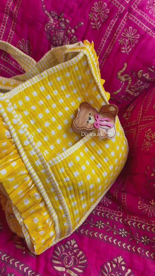 Yellow Medium Ruffle Gingham Quilted Tote