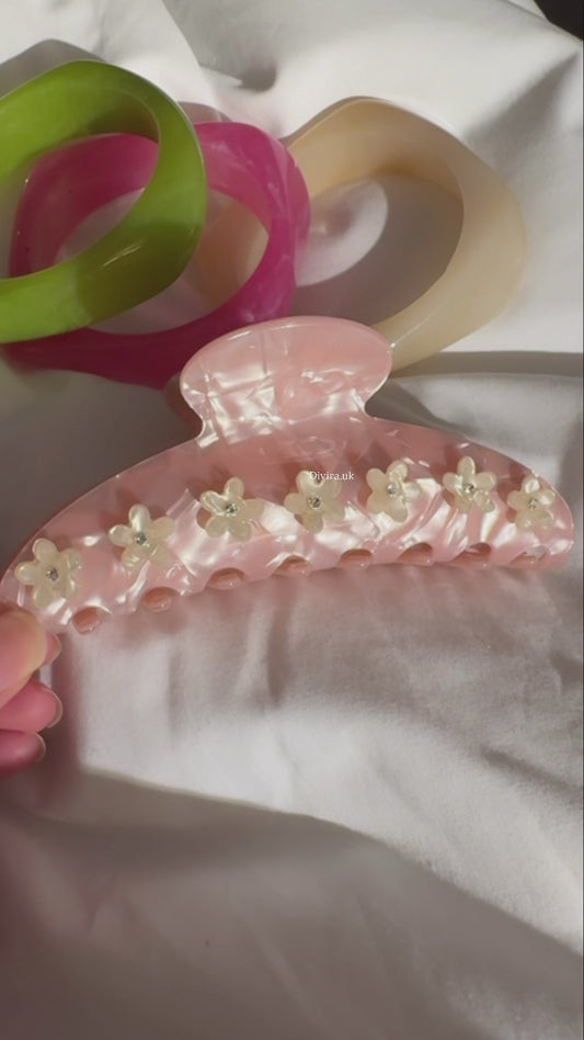 Pink With Beige Flowers Claw Clip